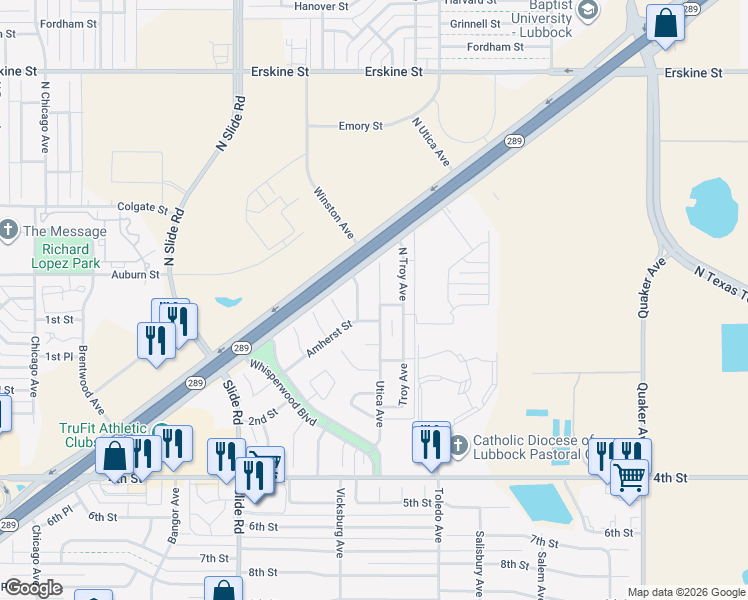 map of restaurants, bars, coffee shops, grocery stores, and more near 128 North Utica Avenue in Lubbock