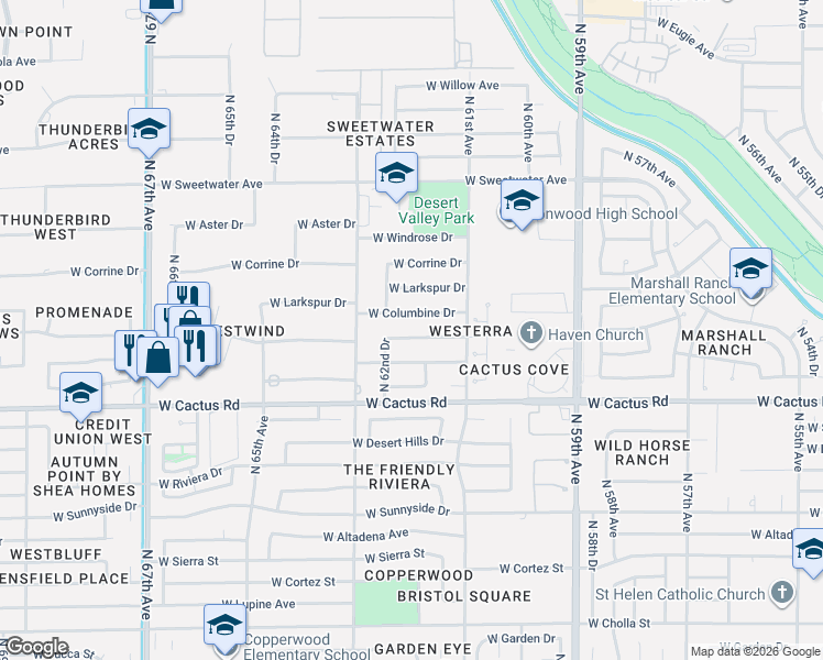 map of restaurants, bars, coffee shops, grocery stores, and more near 6210 West Bloomfield Road in Glendale