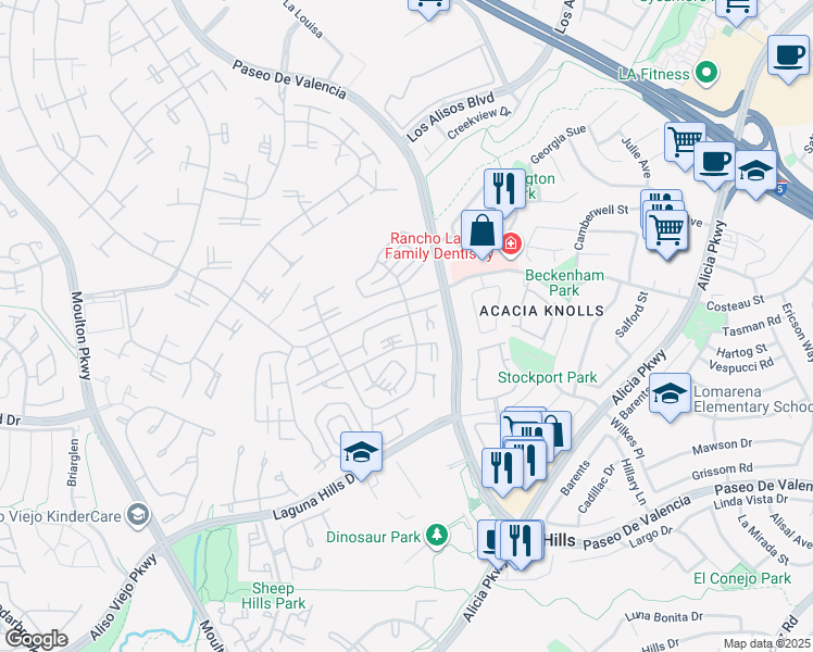 map of restaurants, bars, coffee shops, grocery stores, and more near in Laguna Woods