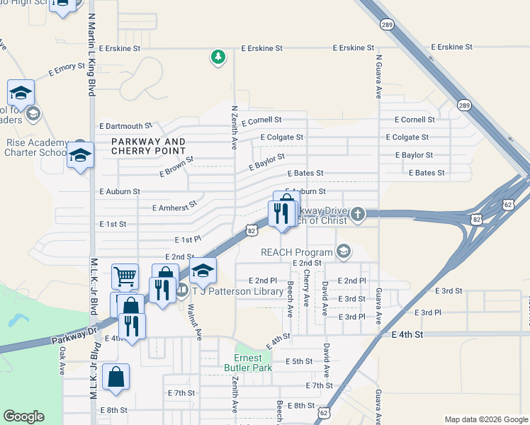 map of restaurants, bars, coffee shops, grocery stores, and more near 2617 Parkway Drive in Lubbock