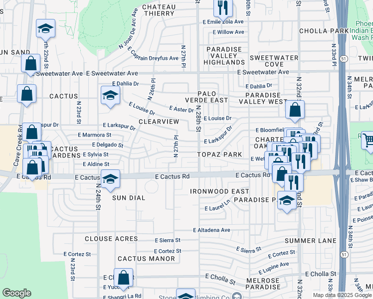 map of restaurants, bars, coffee shops, grocery stores, and more near 2730 East Sylvia Street in Phoenix