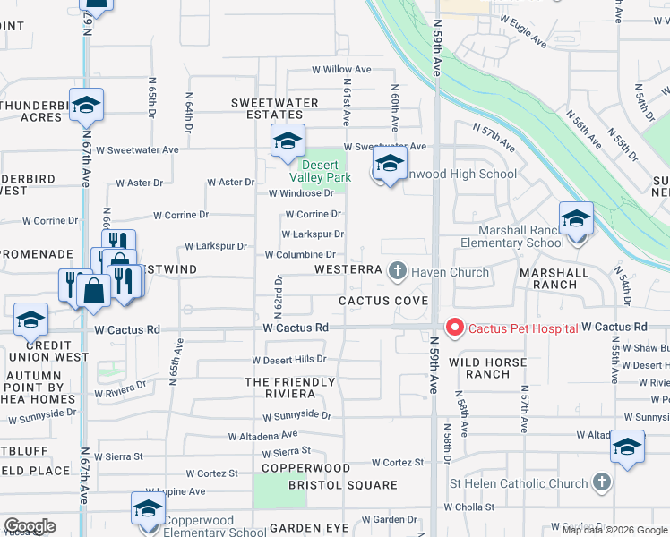 map of restaurants, bars, coffee shops, grocery stores, and more near 6114 West Bloomfield Road in Glendale