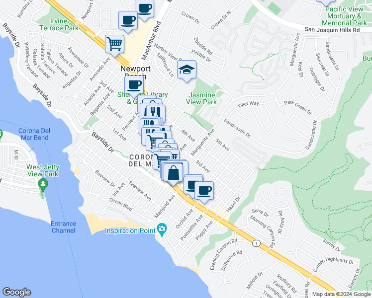 map of restaurants, bars, coffee shops, grocery stores, and more near 516 Larkspur Avenue in Newport Beach