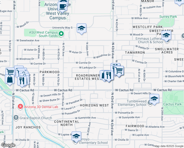 map of restaurants, bars, coffee shops, grocery stores, and more near 12414 North 44th Lane in Glendale