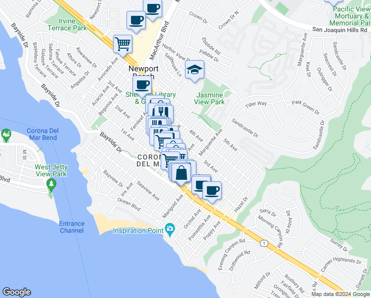 map of restaurants, bars, coffee shops, grocery stores, and more near 516 Larkspur Avenue in Newport Beach