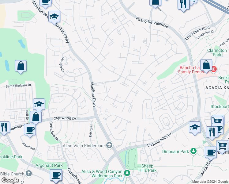map of restaurants, bars, coffee shops, grocery stores, and more near 716 Avenida Majorca in Laguna Woods