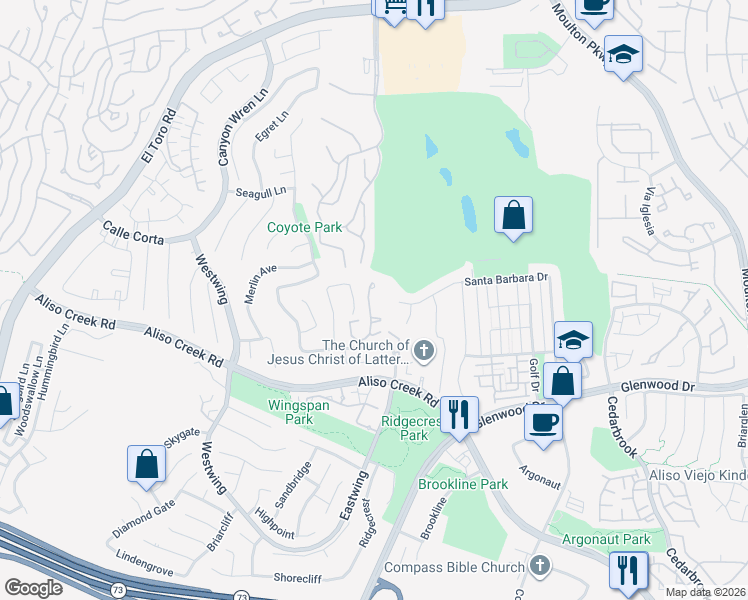 map of restaurants, bars, coffee shops, grocery stores, and more near 68 Verdin Lane in Aliso Viejo