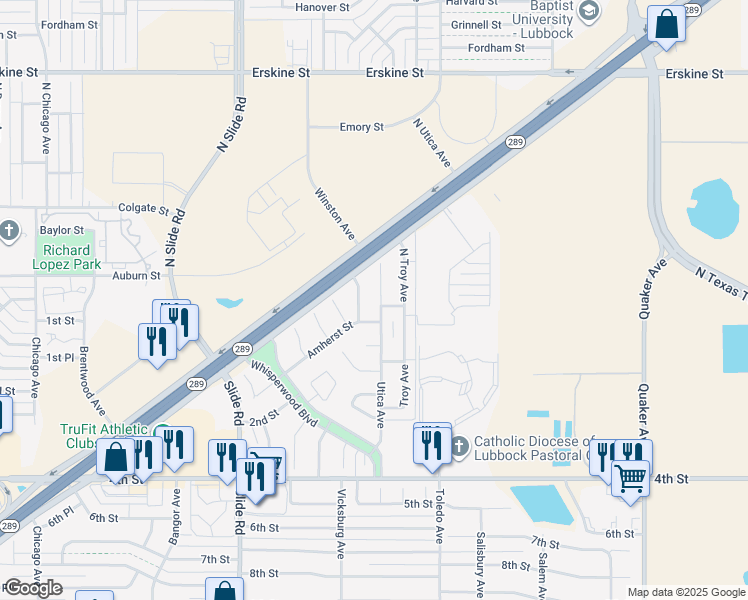 map of restaurants, bars, coffee shops, grocery stores, and more near 128 North Utica Avenue in Lubbock