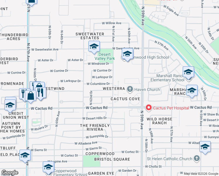 map of restaurants, bars, coffee shops, grocery stores, and more near 6114 West Bloomfield Road in Glendale