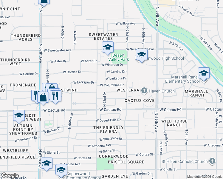 map of restaurants, bars, coffee shops, grocery stores, and more near 6210 West Bloomfield Road in Glendale