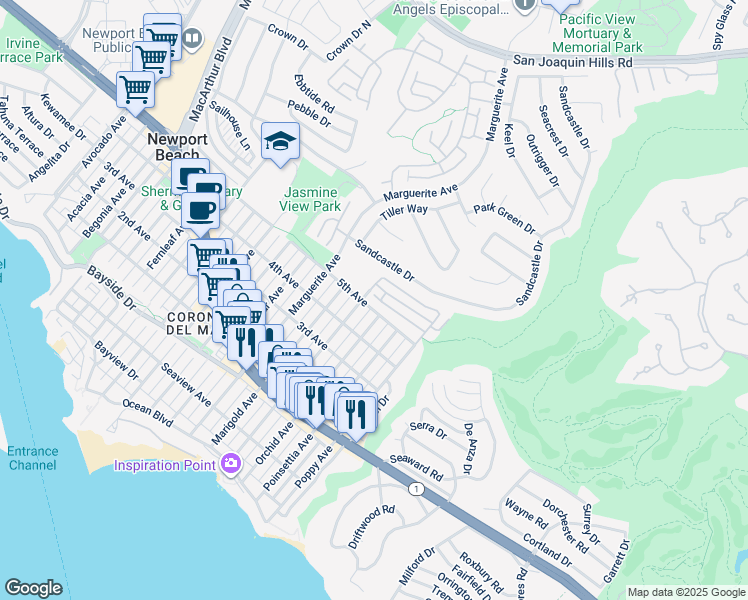 map of restaurants, bars, coffee shops, grocery stores, and more near 3520 5th Avenue in Newport Beach