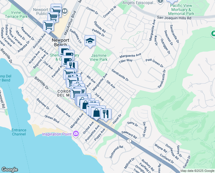 map of restaurants, bars, coffee shops, grocery stores, and more near 704 1/2 Marigold Avenue in Newport Beach