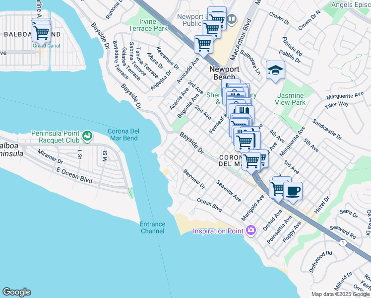 map of restaurants, bars, coffee shops, grocery stores, and more near 2601 Seaview Avenue in Newport Beach
