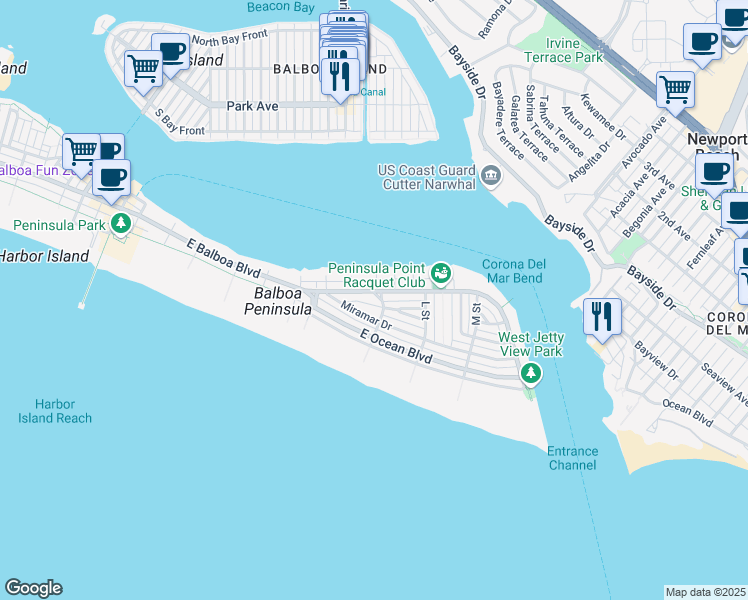map of restaurants, bars, coffee shops, grocery stores, and more near 1703 Plaza Del Sur in Newport Beach