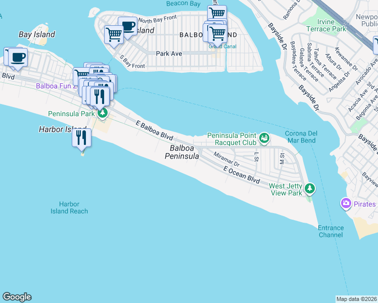 map of restaurants, bars, coffee shops, grocery stores, and more near 1320 East Oceanfront in Newport Beach
