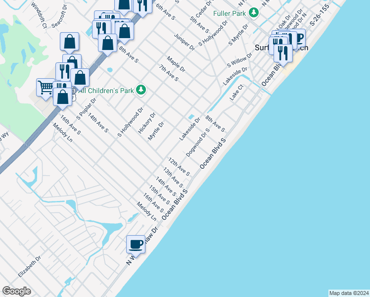 map of restaurants, bars, coffee shops, grocery stores, and more near 1015 Dogwood Drive South in Surfside Beach