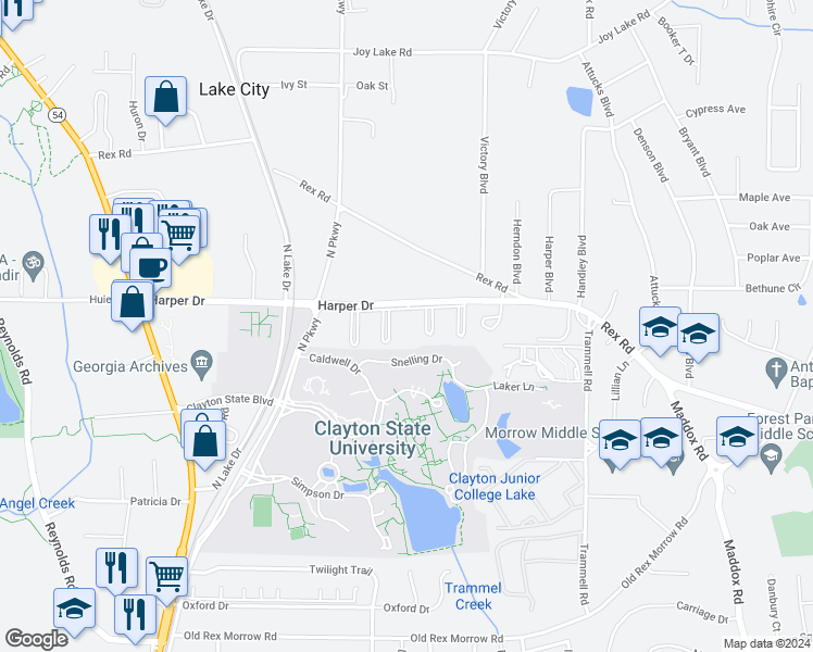 map of restaurants, bars, coffee shops, grocery stores, and more near 1885 Harper Drive in Lake City