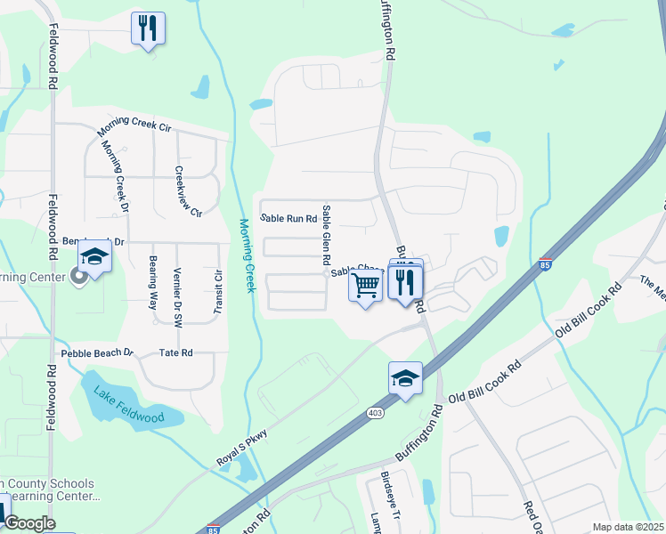 map of restaurants, bars, coffee shops, grocery stores, and more near 5820 Sable Glen Road in Atlanta