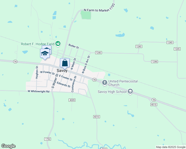 map of restaurants, bars, coffee shops, grocery stores, and more near 510 East Hayes Street in Savoy