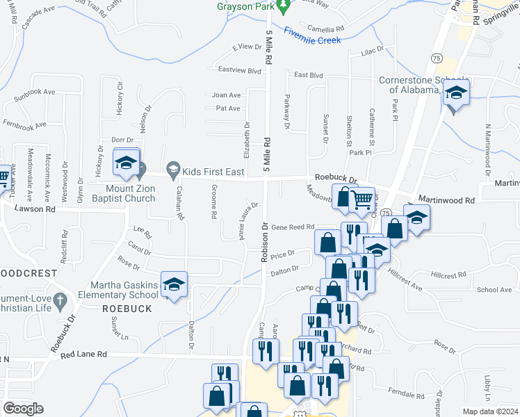 map of restaurants, bars, coffee shops, grocery stores, and more near 636 Robison Drive in Birmingham