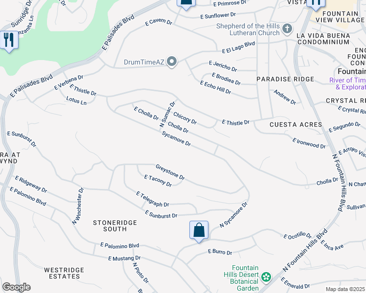 map of restaurants, bars, coffee shops, grocery stores, and more near 15719 Sycamore Drive in Fountain Hills