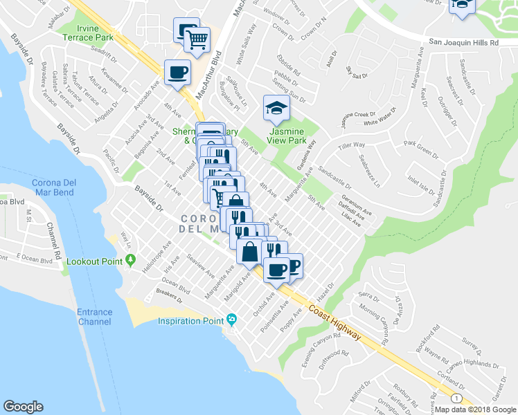 map of restaurants, bars, coffee shops, grocery stores, and more near 3198 3rd Avenue in Newport Beach
