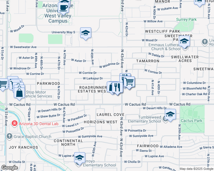 map of restaurants, bars, coffee shops, grocery stores, and more near 12415 North 44th Drive in Glendale