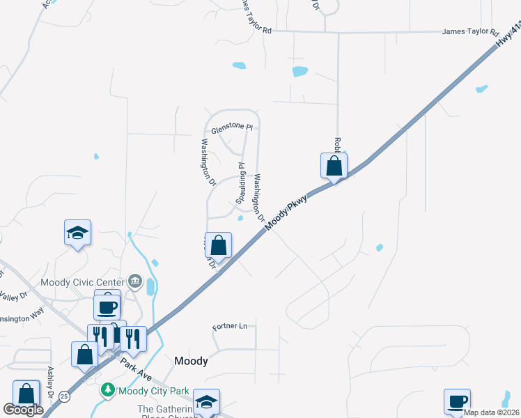 map of restaurants, bars, coffee shops, grocery stores, and more near 2103 Adkins Place in Moody