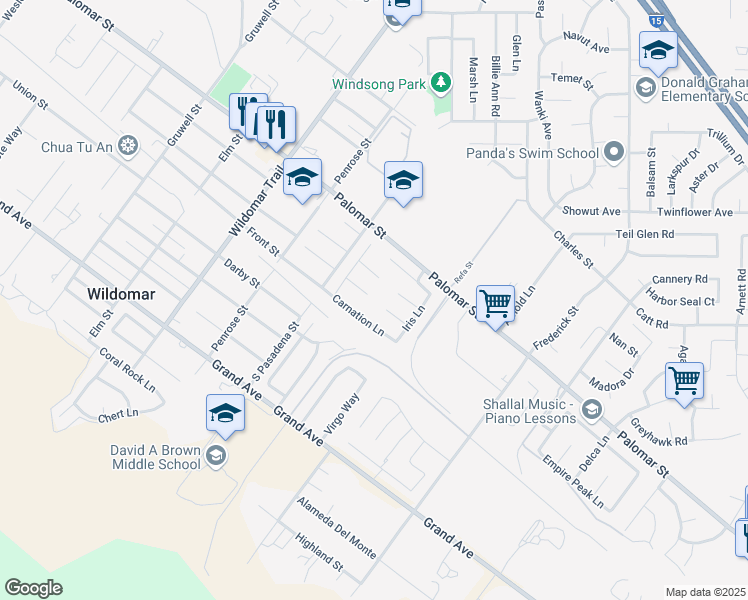 map of restaurants, bars, coffee shops, grocery stores, and more near 21867 Camellia Lane in Wildomar