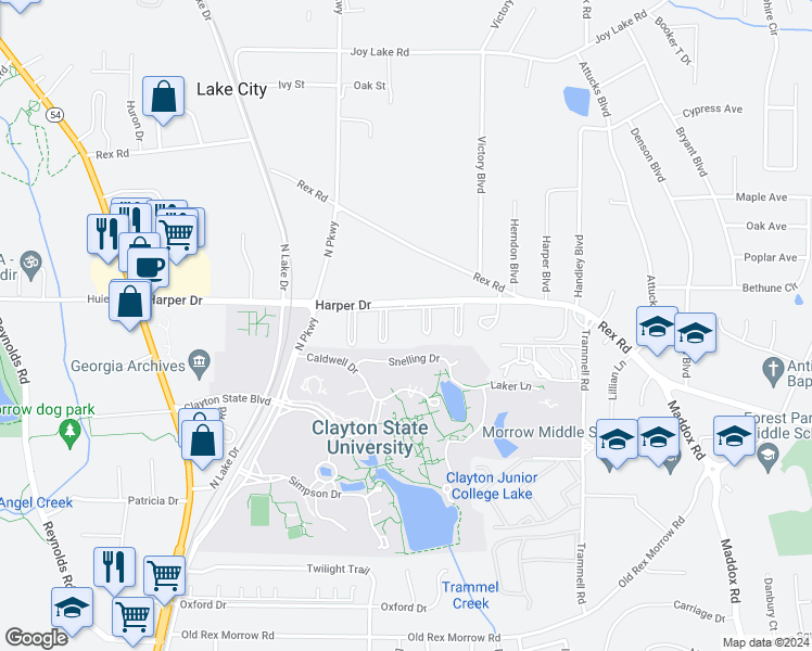 map of restaurants, bars, coffee shops, grocery stores, and more near 1885 Harper Drive in Lake City
