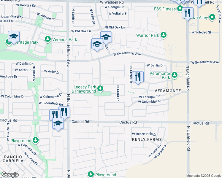 map of restaurants, bars, coffee shops, grocery stores, and more near 14462 North 145th Drive in Surprise