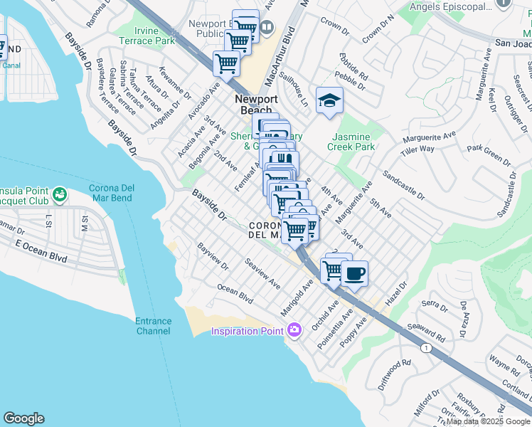 map of restaurants, bars, coffee shops, grocery stores, and more near in Newport Beach