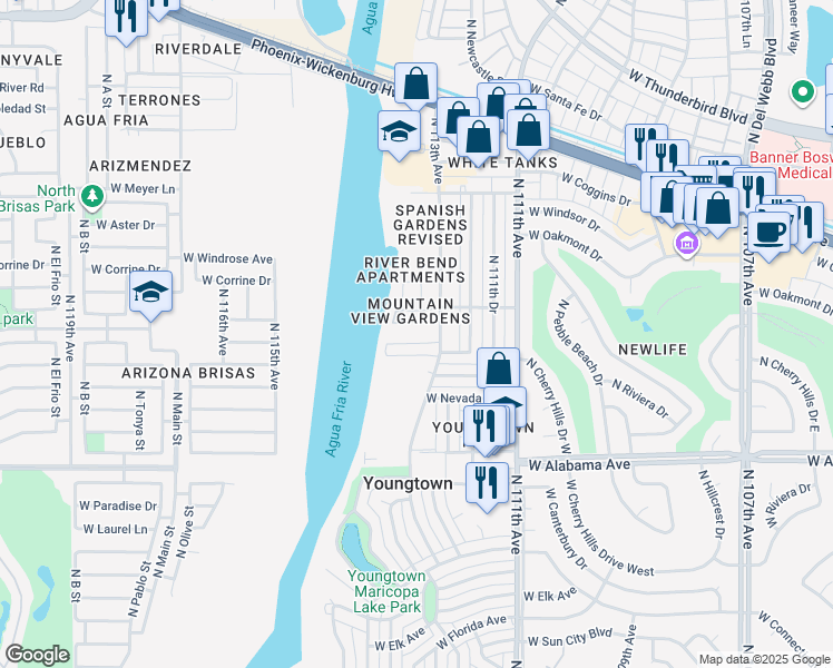 map of restaurants, bars, coffee shops, grocery stores, and more near 12600 North 113th Avenue in Youngtown