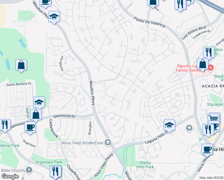 map of restaurants, bars, coffee shops, grocery stores, and more near 716 Avenida Majorca in Laguna Woods