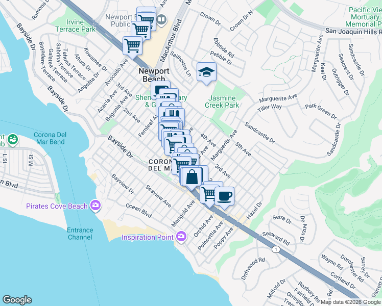 map of restaurants, bars, coffee shops, grocery stores, and more near 512 Jasmine Avenue in Newport Beach