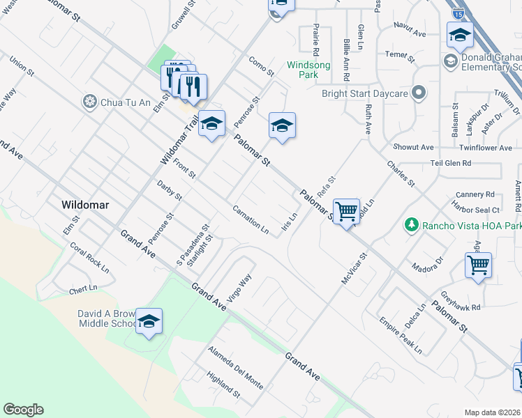 map of restaurants, bars, coffee shops, grocery stores, and more near 21867 Camellia Lane in Wildomar