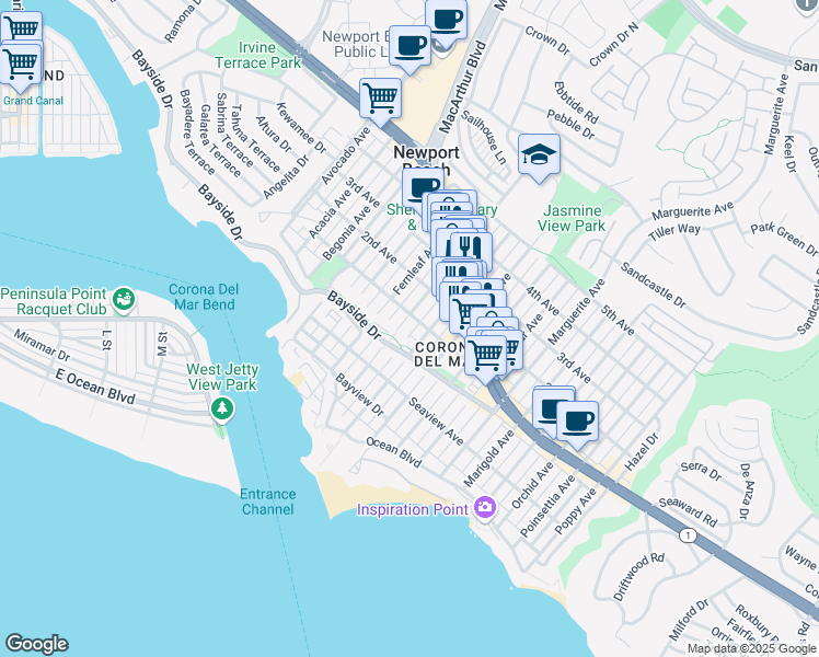 map of restaurants, bars, coffee shops, grocery stores, and more near 406 Goldenrod Avenue in Newport Beach