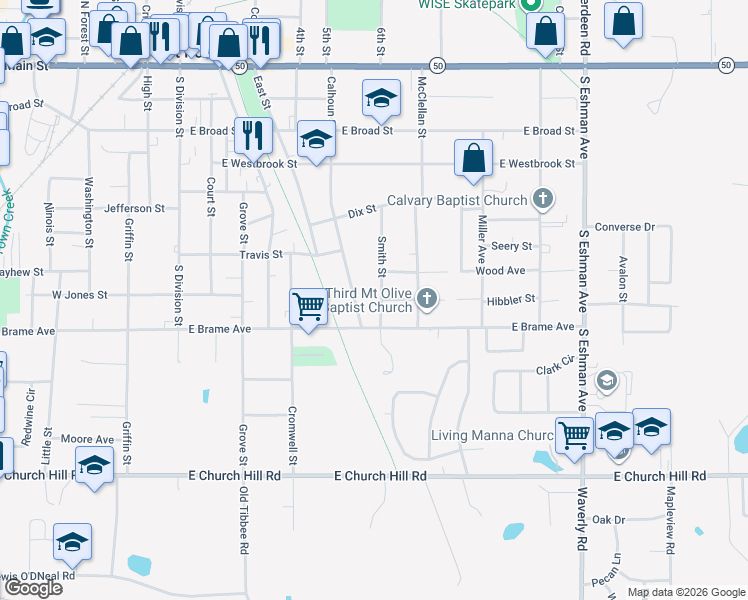 map of restaurants, bars, coffee shops, grocery stores, and more near 600-798 Calhoun Street in West Point