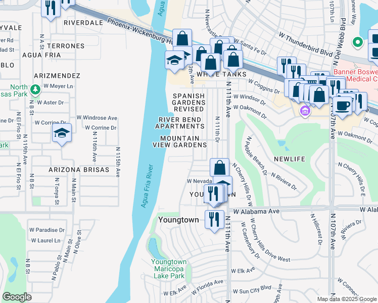 map of restaurants, bars, coffee shops, grocery stores, and more near 12600 North 113th Avenue in Youngtown