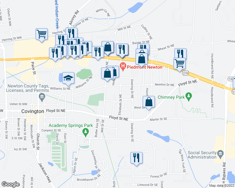 map of restaurants, bars, coffee shops, grocery stores, and more near 4201 Elizabeth Street Northeast in Covington