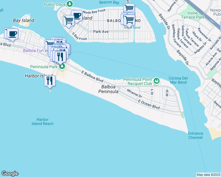 map of restaurants, bars, coffee shops, grocery stores, and more near 1320 East Oceanfront in Newport Beach