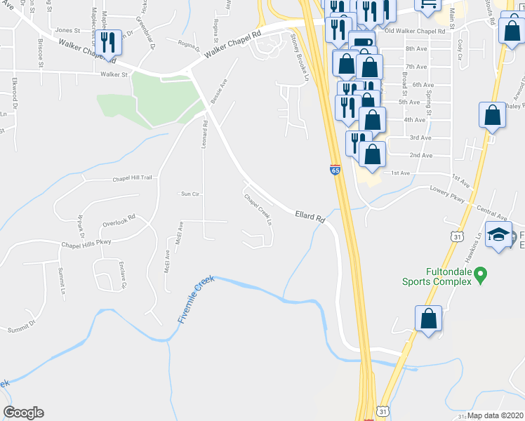 map of restaurants, bars, coffee shops, grocery stores, and more near 431 Chapel Creek Lane in Fultondale
