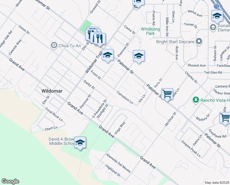 map of restaurants, bars, coffee shops, grocery stores, and more near 21773 Carnation Lane in Wildomar