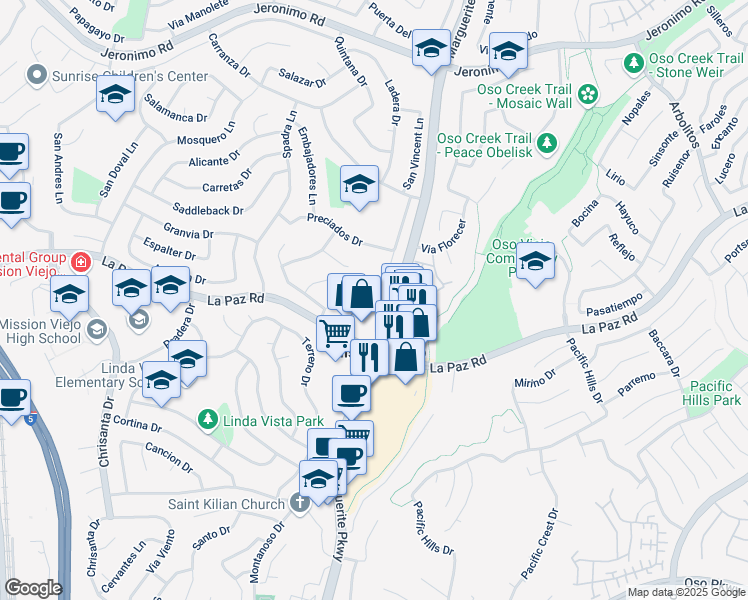 map of restaurants, bars, coffee shops, grocery stores, and more near 25071 El Cortijo Lane in Mission Viejo