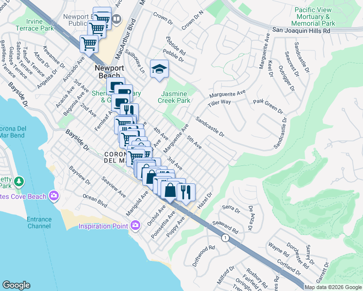 map of restaurants, bars, coffee shops, grocery stores, and more near 705 Marigold Avenue in Newport Beach