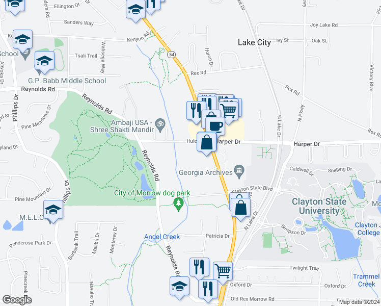 map of restaurants, bars, coffee shops, grocery stores, and more near 5711 Jonesboro Road in Morrow