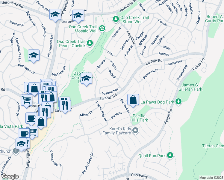map of restaurants, bars, coffee shops, grocery stores, and more near 27661 Pasatiempo in Mission Viejo