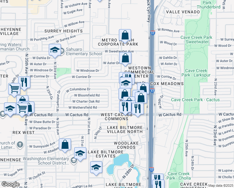 map of restaurants, bars, coffee shops, grocery stores, and more near 2917 W Bloomfield Rd in Phoenix