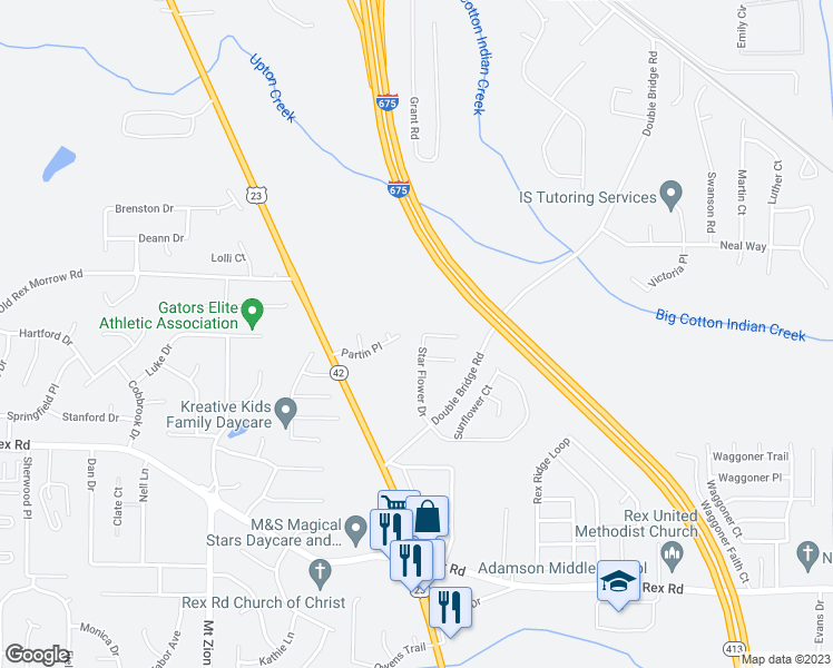 map of restaurants, bars, coffee shops, grocery stores, and more near 5719 Star Flower Drive in Ellenwood