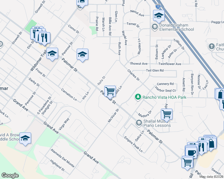 map of restaurants, bars, coffee shops, grocery stores, and more near 21940 Palomar Street in Wildomar
